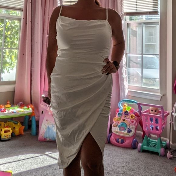 MEDIUM White Satin Ruched Cowl Neck Dress bridal date night club - Picture 3 of 3